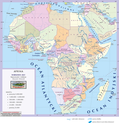 Mapa Fizyczna Świata - mapa inna, ogólnogeograficzna z powierzchniami państw, podpisami państw, stolic i ważniejszych miast - Afryka