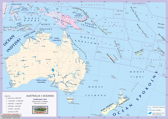 Mapa Fizyczna Świata - mapa inna, ogólnogeograficzna z powierzchniami państw, podpisami państw, stolic i ważniejszych miast - Australia i Oceania
