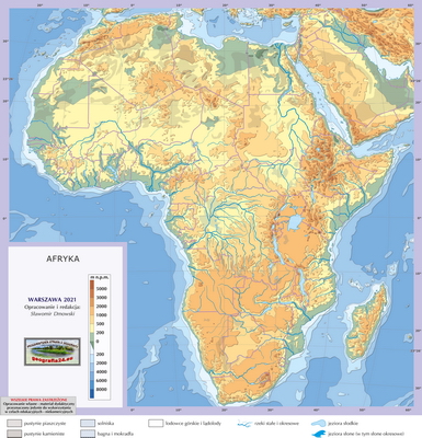 Mapa Fizyczna Świata - ćwiczebna, konturowa - hipsometria, z granicami - Afryka