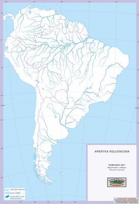 Mapa Fizyczna Świata - ćwiczebna, konturowa - z hydrografią i granicami państw - Ameryka Południowa
