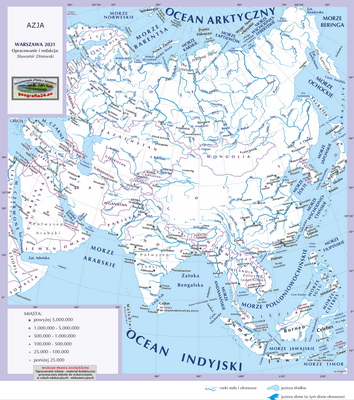 Mapa Fizyczna Świata - mapa inna - z granicami państw, podpisami państw, stolic i ważniejszych miast oraz innych obiektów - Azja