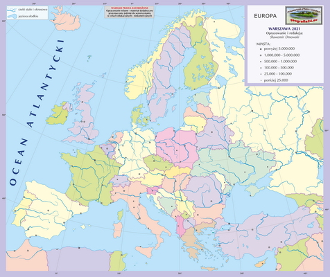 Mapa Fizyczna Świata - mapa miast - z podkładem politycznym, ćwiczeniowa z lokalizacją miast - Europa