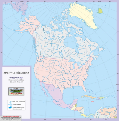 Mapa Fizyczna Świata - wersja dla uczniów z poziomu podstawowego (A4) - polityczna ćwiczebna - Ameryka Północna