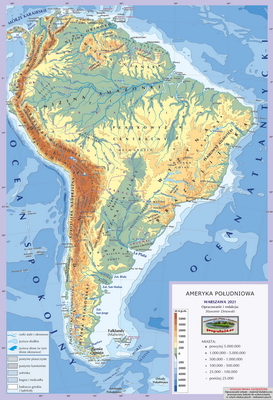 Mapa Fizyczna Świata - hipsometryczna - wersja pełna polecana - Ameryka Południowa