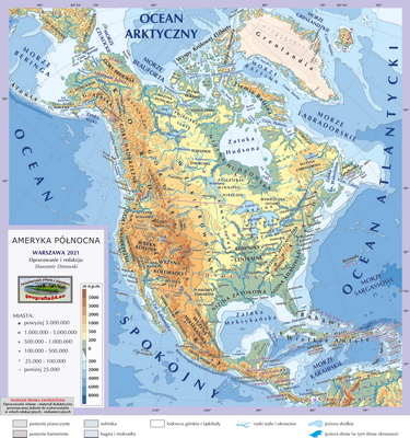 Mapa Fizyczna Świata - hipsometryczna - wersja pełna polecana - Ameryka Północna