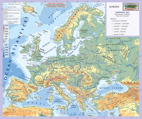 Mapa Fizyczna Świata - hipsometryczna - wersja pełna polecana - Europa