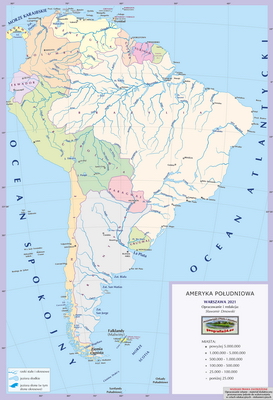 Mapa Fizyczna Świata - mapa inna, ogólnogeograficzna z powierzchniami państw, podpisami państw, stolic i ważniejszych miast - Ameryka Południowa