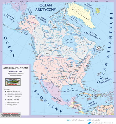 Mapa Fizyczna Świata - mapa inna, ogólnogeograficzna z powierzchniami państw, podpisami państw, stolic i ważniejszych miast - Ameryka Północna