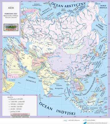 Mapa Fizyczna Świata - mapa inna, ogólnogeograficzna z powierzchniami państw, podpisami państw, stolic i ważniejszych miast - Azja