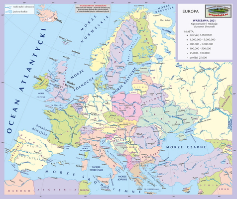 Mapa Fizyczna Świata - mapa inna, ogólnogeograficzna z powierzchniami państw, podpisami państw, stolic i ważniejszych miast - Europa