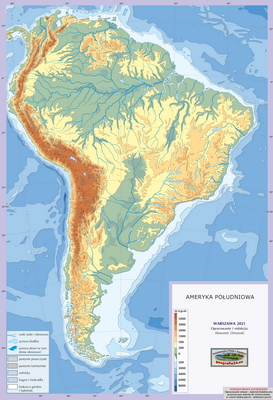 Mapa Fizyczna Świata - ćwiczebna, konturowa - hipsometria - Ameryka Południowa