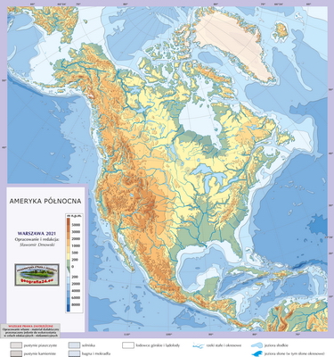 Mapa Fizyczna Świata - ćwiczebna, konturowa - hipsometria - Ameryka Północna