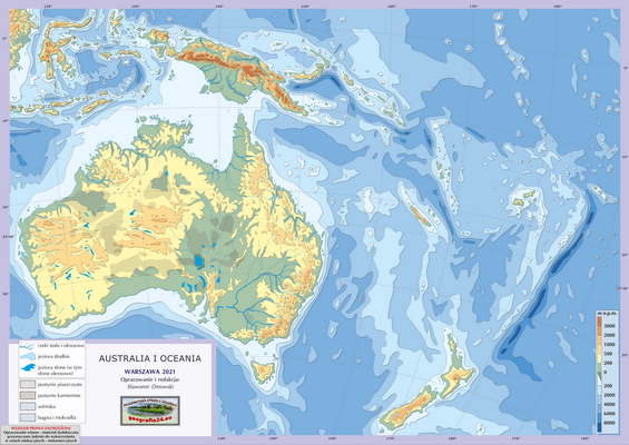 Mapa Fizyczna Świata - ćwiczebna, konturowa - hipsometria - Australia i Oceania