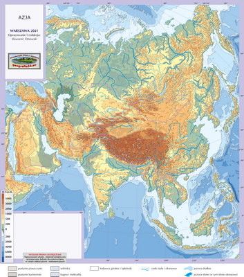 Mapa Fizyczna Świata - ćwiczebna, konturowa - hipsometria, z granicami - Azja