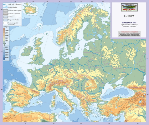 Mapa Fizyczna Świata - ćwiczebna, konturowa - hipsometria, z granicami - Europa
