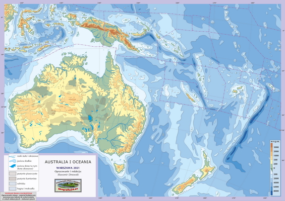 Mapa Fizyczna Świata - ćwiczebna, konturowa - hipsometria, z granicami - Australia i Oceania