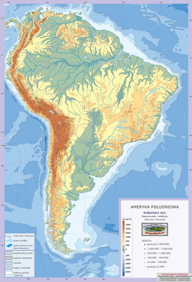 Mapa Fizyczna Świata - ćwiczebna, konturowa - hipsometria, z granicami i sygnaturami miast - Ameryka Południowa