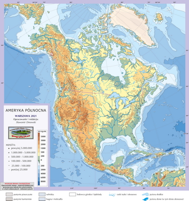 Mapa Fizyczna Świata - ćwiczebna, konturowa - hipsometria, z granicami i sygnaturami miast - Ameryka Północna
