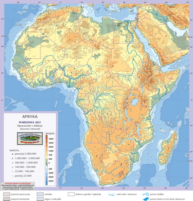Mapa Fizyczna Świata - ćwiczebna, konturowa - hipsometria, z granicami i sygnaturami miast - Afryka