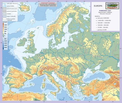 Mapa Fizyczna Świata - ćwiczebna, konturowa - hipsometria, z granicami i sygnaturami miast - Europa
