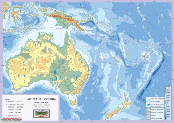 Mapa Fizyczna Świata - ćwiczebna, konturowa - hipsometria, z granicami i sygnaturami miast - Australia i Oceania