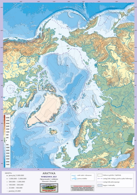 Mapa Fizyczna Świata - ćwiczebna, konturowa - hipsometria, z granicami i sygnaturami miast - Arktyka