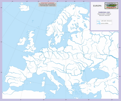 Mapa Fizyczna Świata - ćwiczebna, konturowa - z hydrografią - Europa