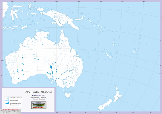 Mapa Fizyczna Świata - ćwiczebna, konturowa - z hydrografią - Australia i Oceania
