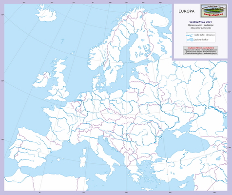 Mapa Fizyczna Świata - ćwiczebna, konturowa - z hydrografią i granicami państw - Europa