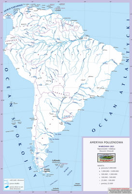 Mapa Fizyczna Świata - mapa inna - z granicami państw, podpisami państw, stolic i ważniejszych miast oraz innych obiektów - Ameryka Południowa