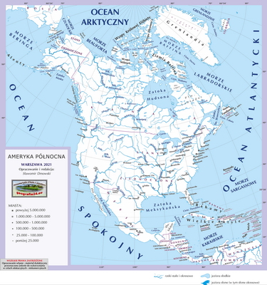 Mapa Fizyczna Świata - mapa inna - z granicami państw, podpisami państw, stolic i ważniejszych miast oraz innych obiektów - Ameryka Północna