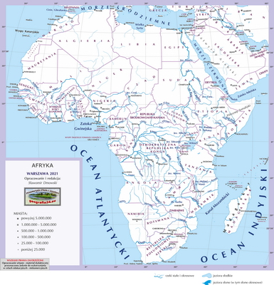 Mapa Fizyczna Świata - mapa inna - z granicami państw, podpisami państw, stolic i ważniejszych miast oraz innych obiektów - Afryka
