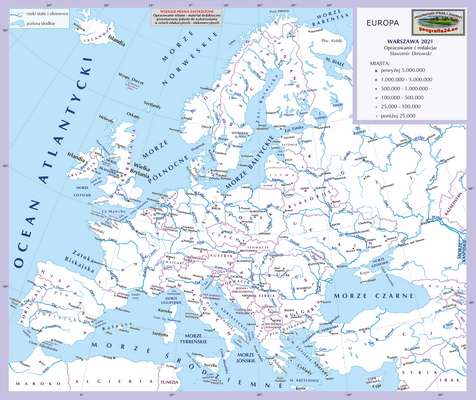 Mapa Fizyczna Świata - mapa inna - z granicami państw, podpisami państw, stolic i ważniejszych miast oraz innych obiektów - Europa