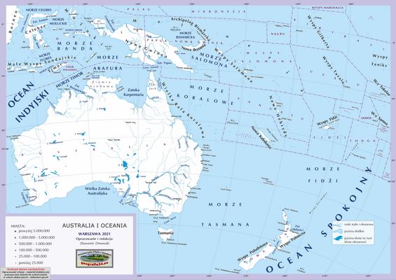 Mapa Fizyczna Świata - mapa inna - z granicami państw, podpisami państw, stolic i ważniejszych miast oraz innych obiektów - Australia i Oceania