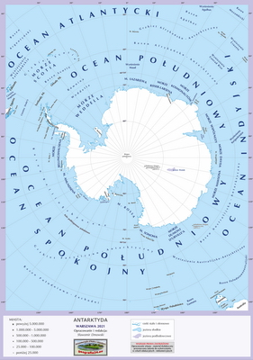 Mapa Fizyczna Świata - mapa inna - z granicami państw, podpisami państw, stolic i ważniejszych miast oraz innych obiektów - Antarktyda
