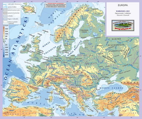 Mapa Fizyczna Świata - wersja dla maturzystów (A4) - Europa