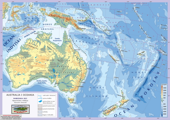 Mapa Fizyczna Świata - wersja dla maturzystów (A4) - Australia i Oceania