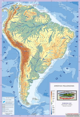 Mapa Fizyczna Świata - hydrografia (rzeki i jeziora) - z hipsometrią i wybranymi obiektami geograficznymi (miasta bez rozróżniania wielkości) - Ameryka Południowa