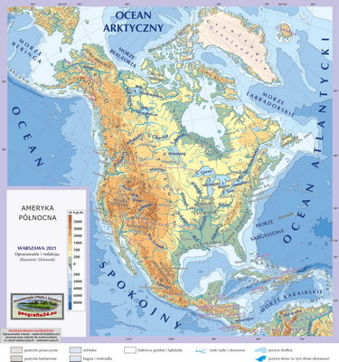 Mapa Fizyczna Świata - hydrografia (rzeki i jeziora) - z hipsometrią i wybranymi obiektami geograficznymi (miasta bez rozróżniania wielkości) - Ameryka Północna