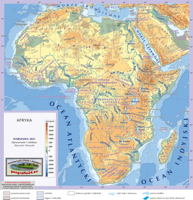 Mapa Fizyczna Świata - hydrografia (rzeki i jeziora) - z hipsometrią i wybranymi obiektami geograficznymi (miasta bez rozróżniania wielkości) - Afryka