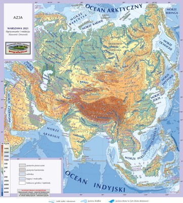 Mapa Fizyczna Świata - hydrografia (rzeki i jeziora) - z hipsometrią i wybranymi obiektami geograficznymi (miasta bez rozróżniania wielkości) - Azja
