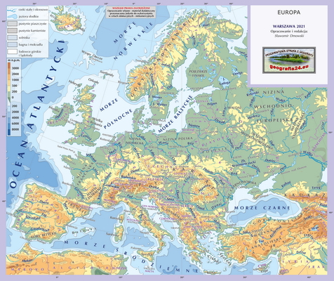 Mapa Fizyczna Świata - hydrografia (rzeki i jeziora) - z hipsometrią i wybranymi obiektami geograficznymi (miasta bez rozróżniania wielkości) - Europa