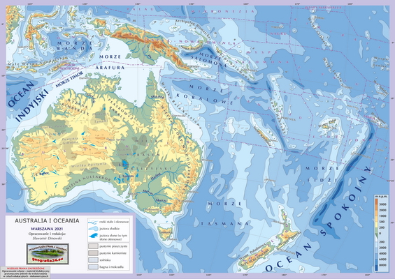 Mapa Fizyczna Świata - hydrografia (rzeki i jeziora) - z hipsometrią i wybranymi obiektami geograficznymi (miasta bez rozróżniania wielkości) - Australia i Oceania