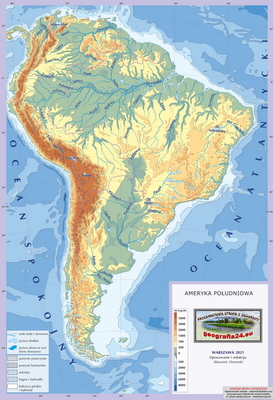 Mapa Fizyczna Świata - hydrografia (rzeki i jeziora) - z hipsometrią i samymi nazwami rzek i jezior - Ameryka Południowa