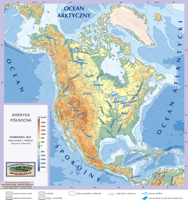 Mapa Fizyczna Świata - hydrografia (rzeki i jeziora) - z hipsometrią i samymi nazwami rzek i jezior - Ameryka Północna