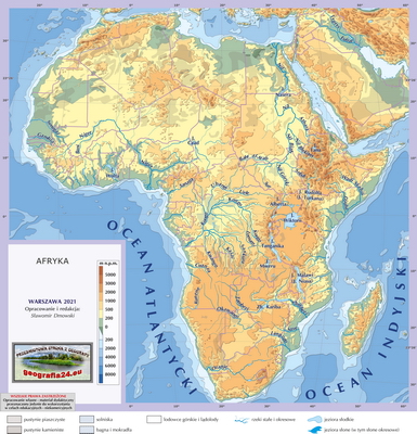 Mapa Fizyczna Świata - hydrografia (rzeki i jeziora) - z hipsometrią i samymi nazwami rzek i jezior - Afryka