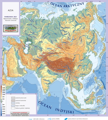 Mapa Fizyczna Świata - hydrografia (rzeki i jeziora) - z hipsometrią i samymi nazwami rzek i jezior - Azja