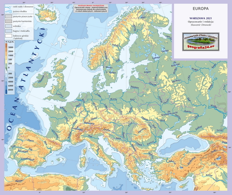 Mapa Fizyczna Świata - hydrografia (rzeki i jeziora) - z hipsometrią i samymi nazwami rzek i jezior - Europa