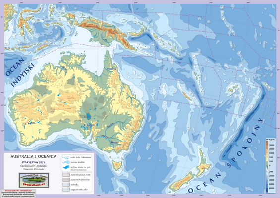 Mapa Fizyczna Świata - hydrografia (rzeki i jeziora) - z hipsometrią i samymi nazwami rzek i jezior - Australia i Oceania