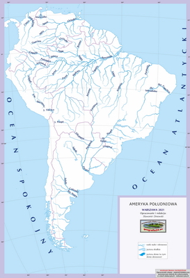 Mapa Fizyczna Świata - hydrografia (rzeki i jeziora) - konturowa, z samymi podpisami rzek i jezior - Ameryka Południowa